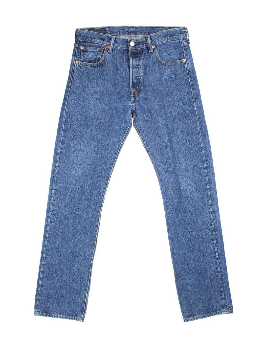 Levi Strauss 501 Jeans in blue colourway with multiple pockets and the logo tab embroidered on the back.