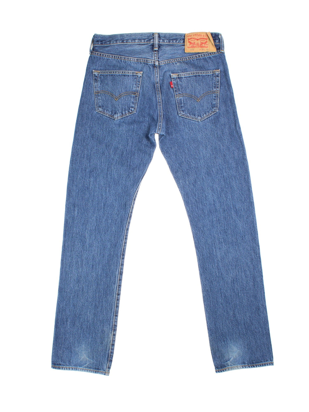 Levi Strauss 501 Jeans in blue colourway with multiple pockets and the logo tab embroidered on the back.