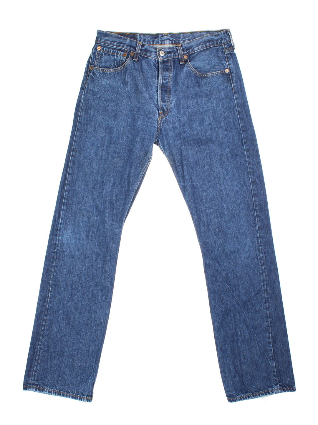 Levi Strauss 501 Jeans in blue colourway with multiple pockets and the logo tab embroidered on the back.