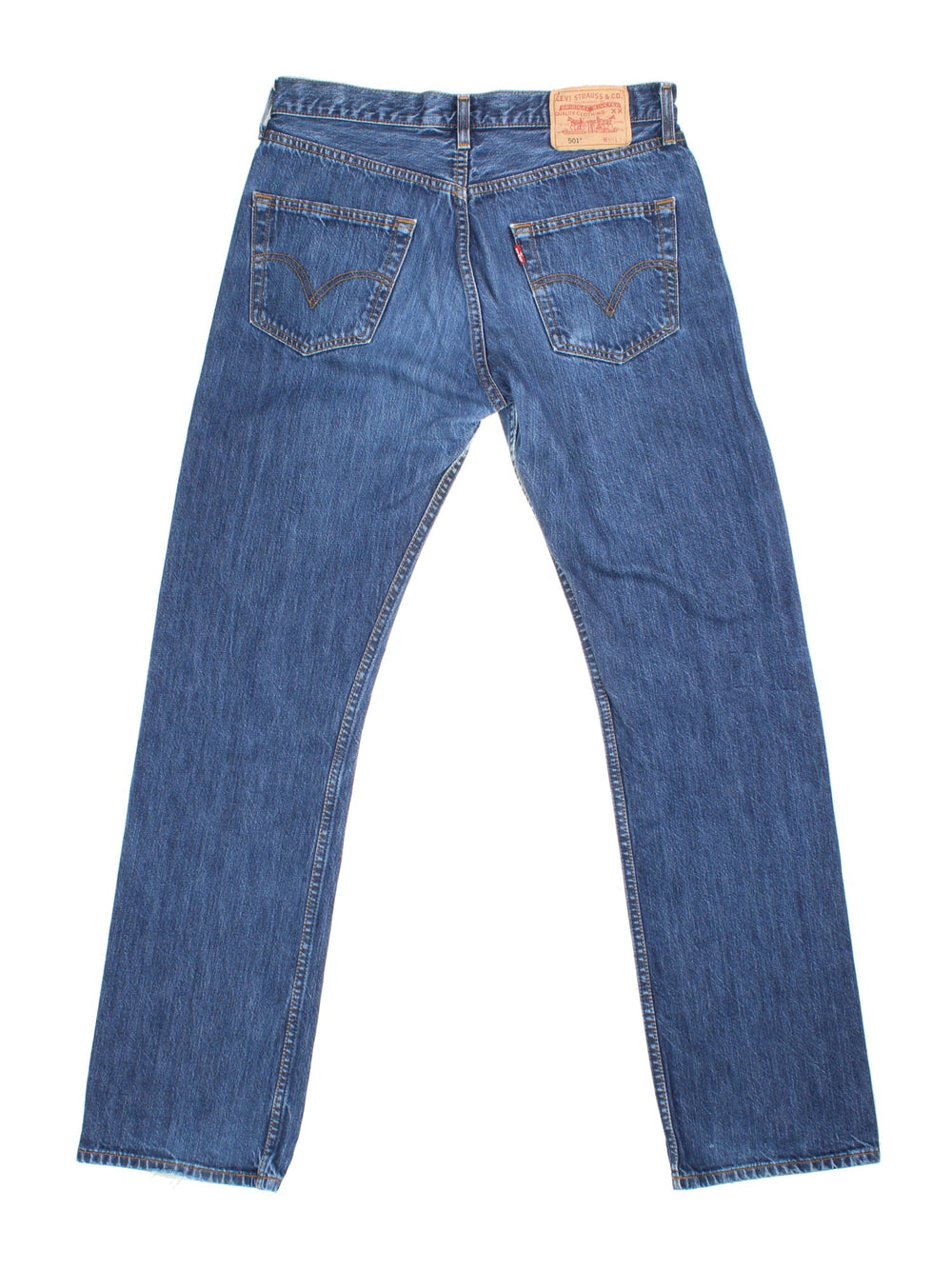 Levi Strauss 501 Jeans in blue colourway with multiple pockets and the logo tab embroidered on the back.