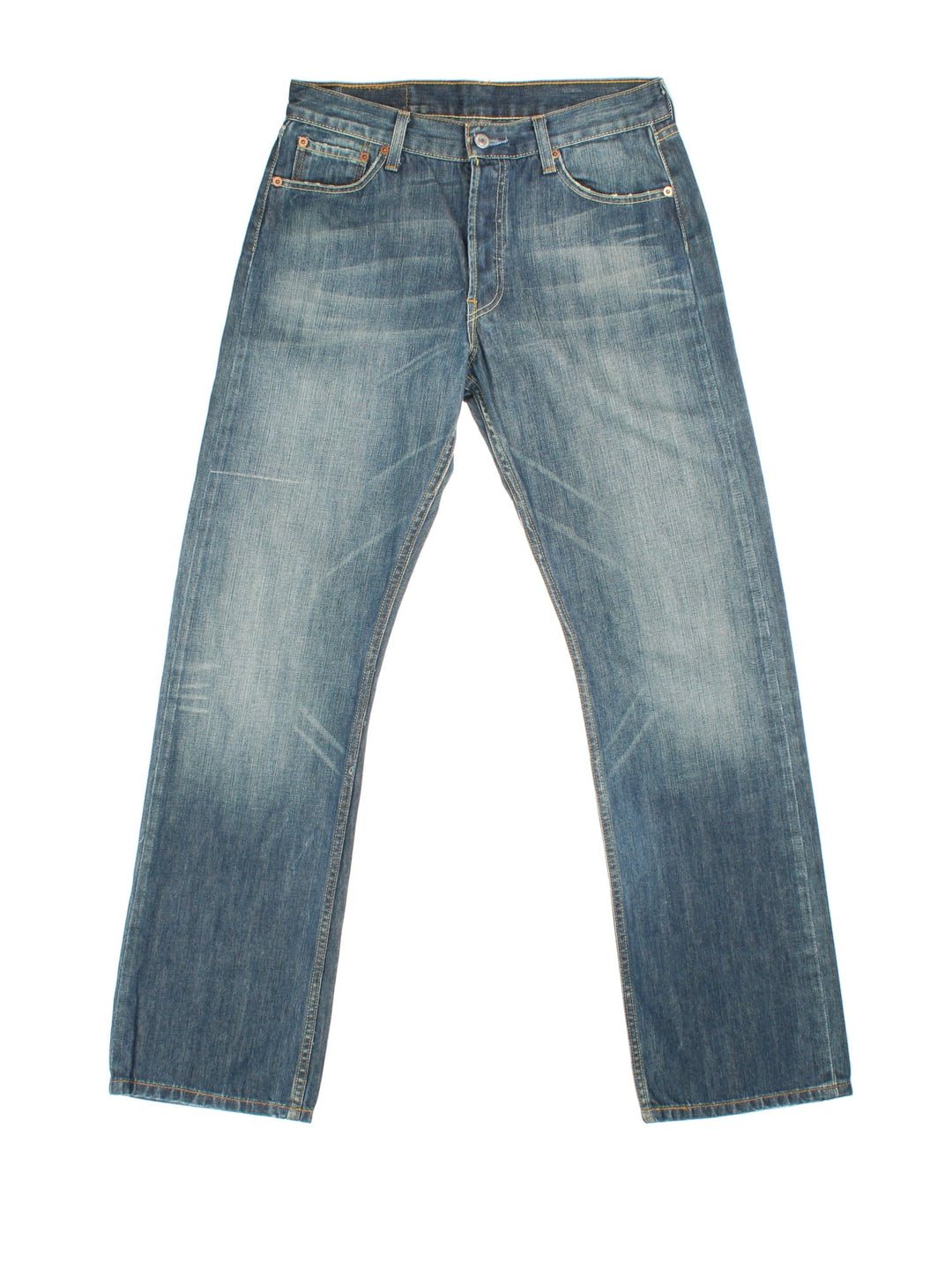 Levi Strauss 501 Jeans in a faded blue colourway with multiple pockets and the logo tab embroidered on the back.