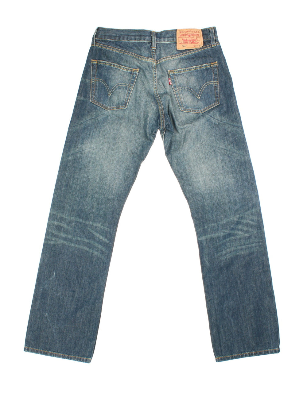 Levi Strauss 501 Jeans in a faded blue colourway with multiple pockets and the logo tab embroidered on the back.