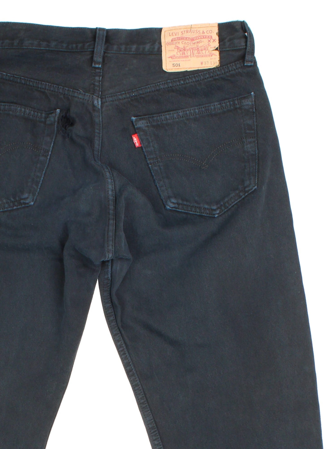 Levi Strauss 501 Jeans in black colourway with multiple pockets and the logo tab embroidered on the back.