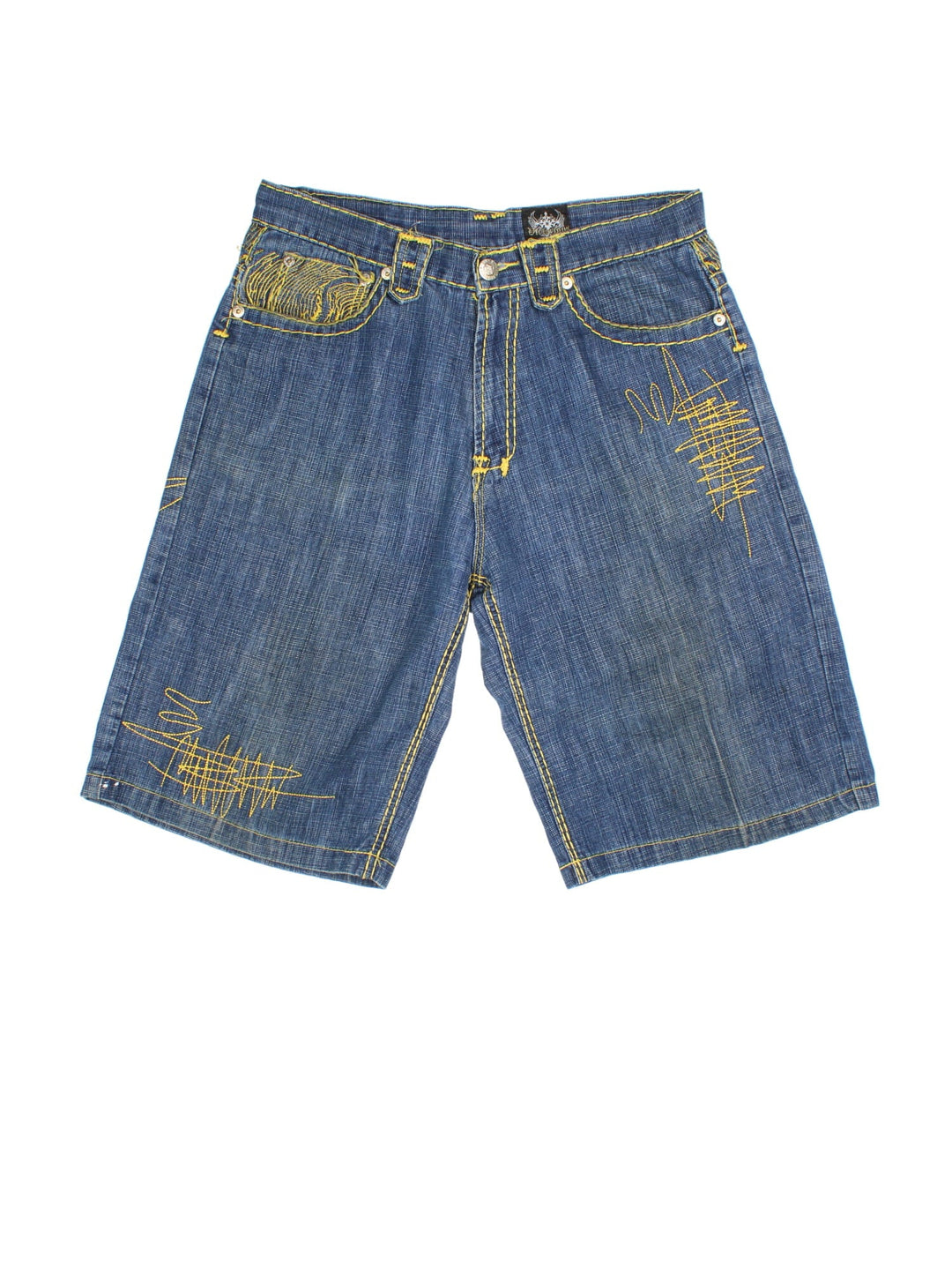 Y2K Victorious Jorts in blue colourway with multiple pockets and has the logo embroidered on the back, as well as contrast patterned cross stitching on the front and back, has skull and bead features.