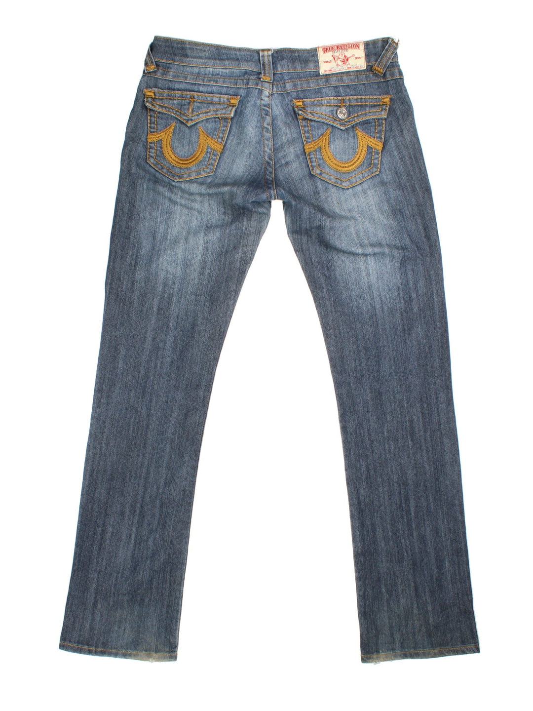 True Religion Y2K Jeans in blue colourway with multiple pockets and the logo embroidered on the back pockets.