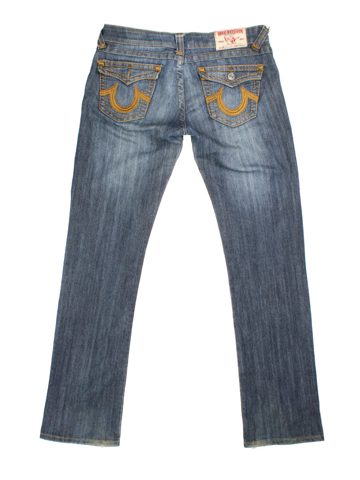 True Religion Y2K Jeans in blue colourway with multiple pockets and the logo embroidered on the back pockets.