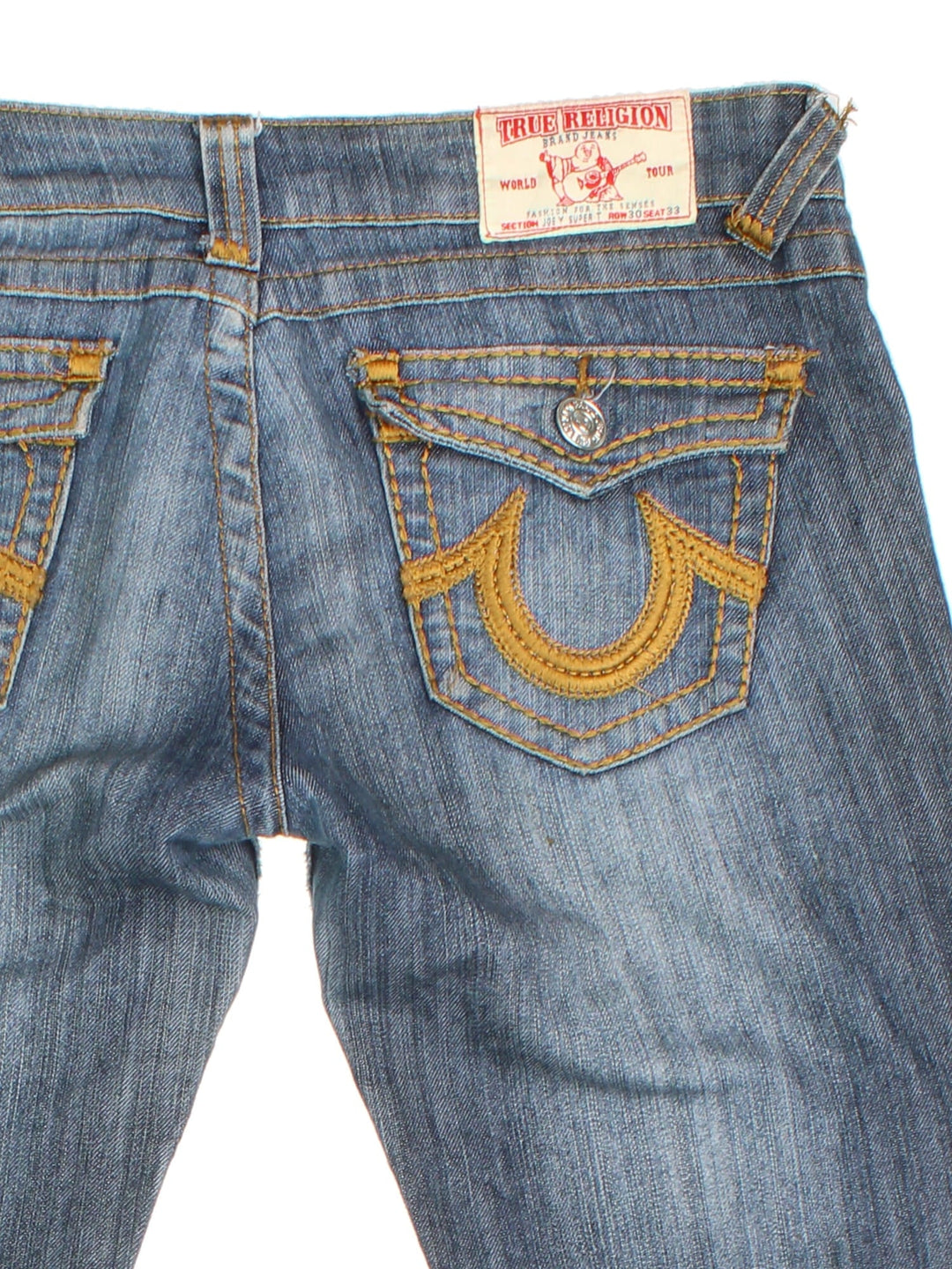 True Religion Y2K Jeans in blue colourway with multiple pockets and the logo embroidered on the back pockets.