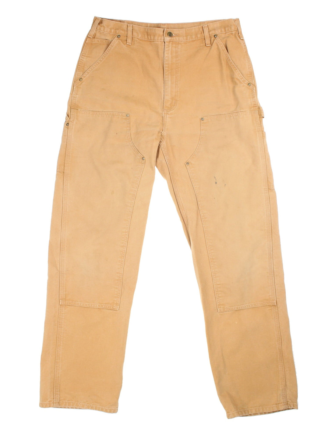 Carhartt Double Knee Jeans in tan colourway with multiple pockets and the logo embroidered on the back.