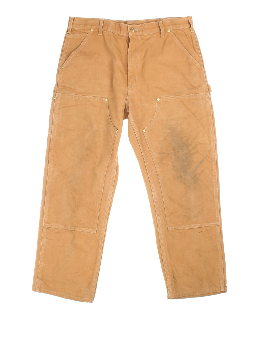 Carhartt Double Knee Jeans in tan colourway with multiple pockets and the logo embroidered on the back.