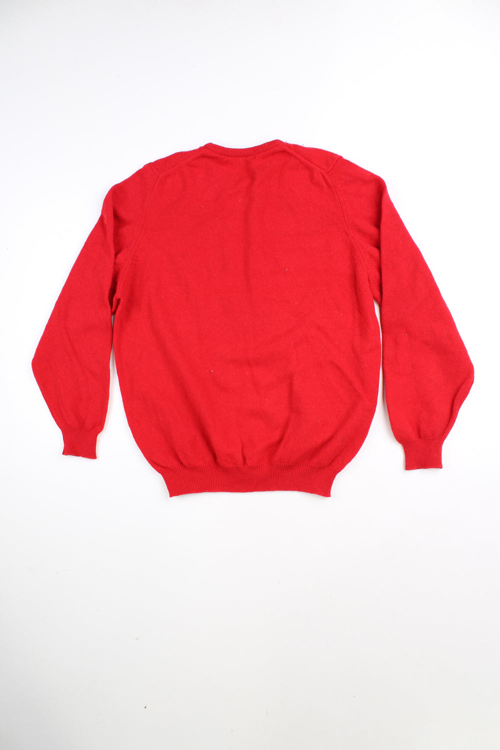 Lyle & Scott red crew neck knitted jumper with square pattern on the front.