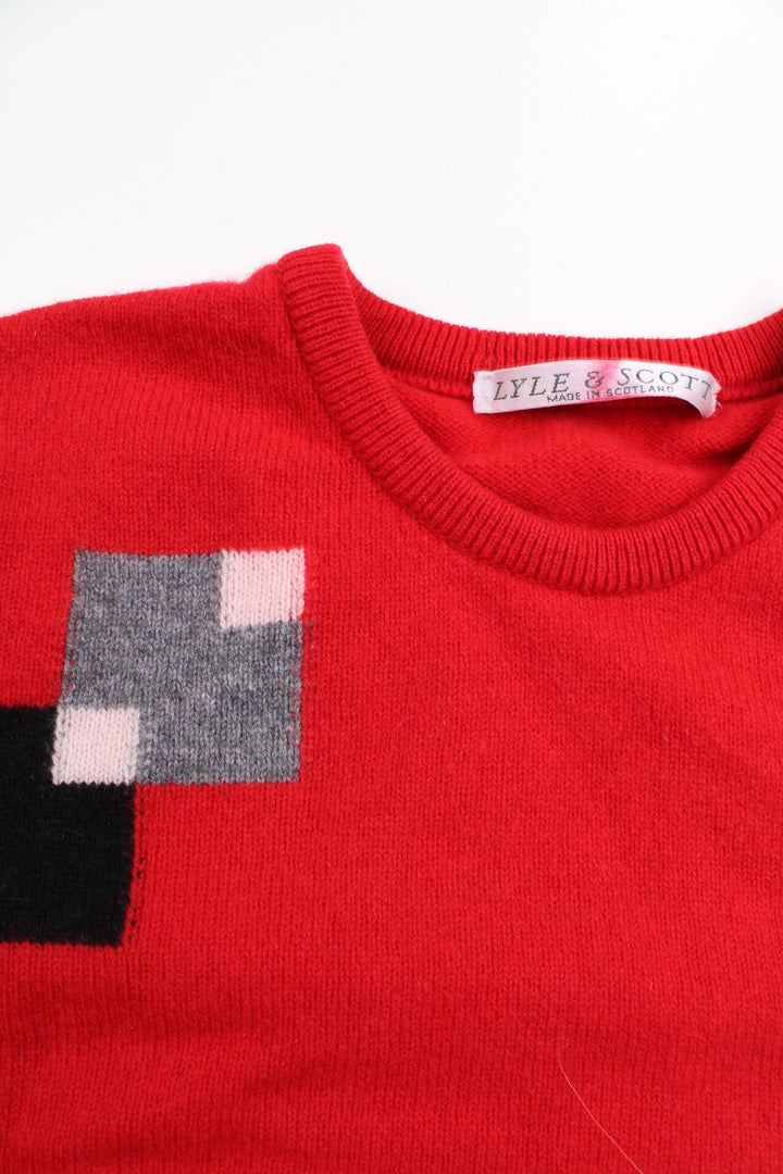 Lyle & Scott red crew neck knitted jumper with square pattern on the front.