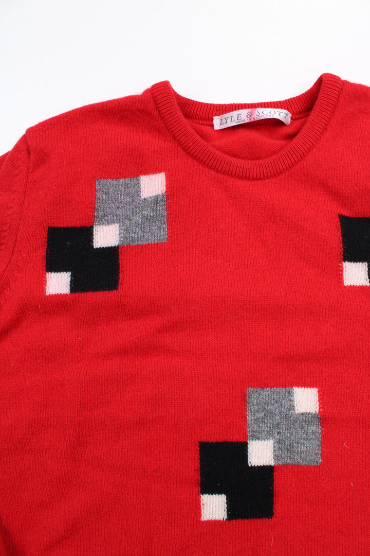 Lyle & Scott red crew neck knitted jumper with square pattern on the front.