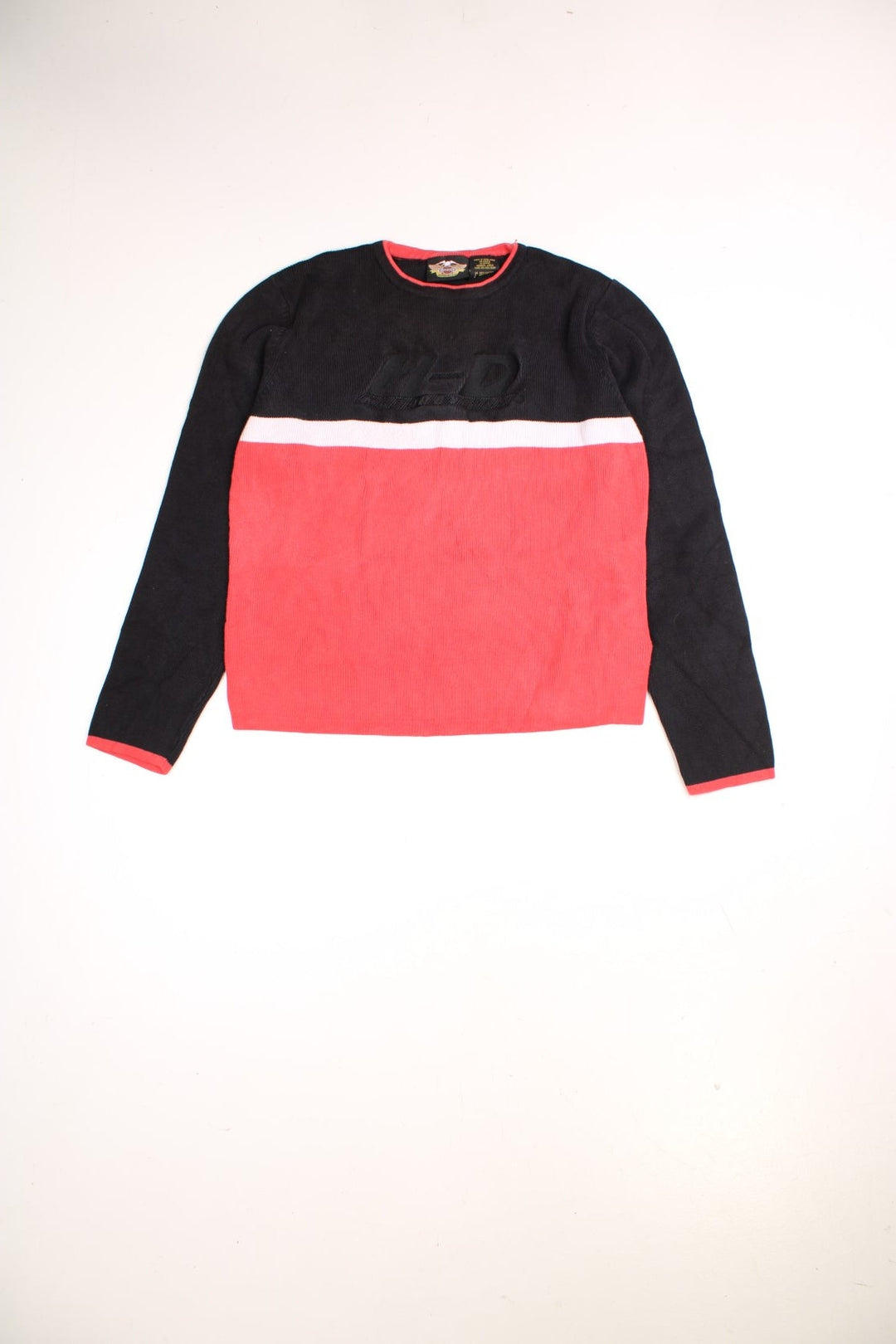 Harley-Davidson cotton crew knit jumper in a red colourway with a white stripe and embroidered logo in the centre. 