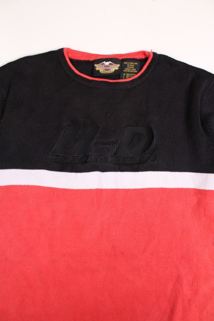 Harley-Davidson cotton crew knit jumper in a red colourway with a white stripe and embroidered logo in the centre. 