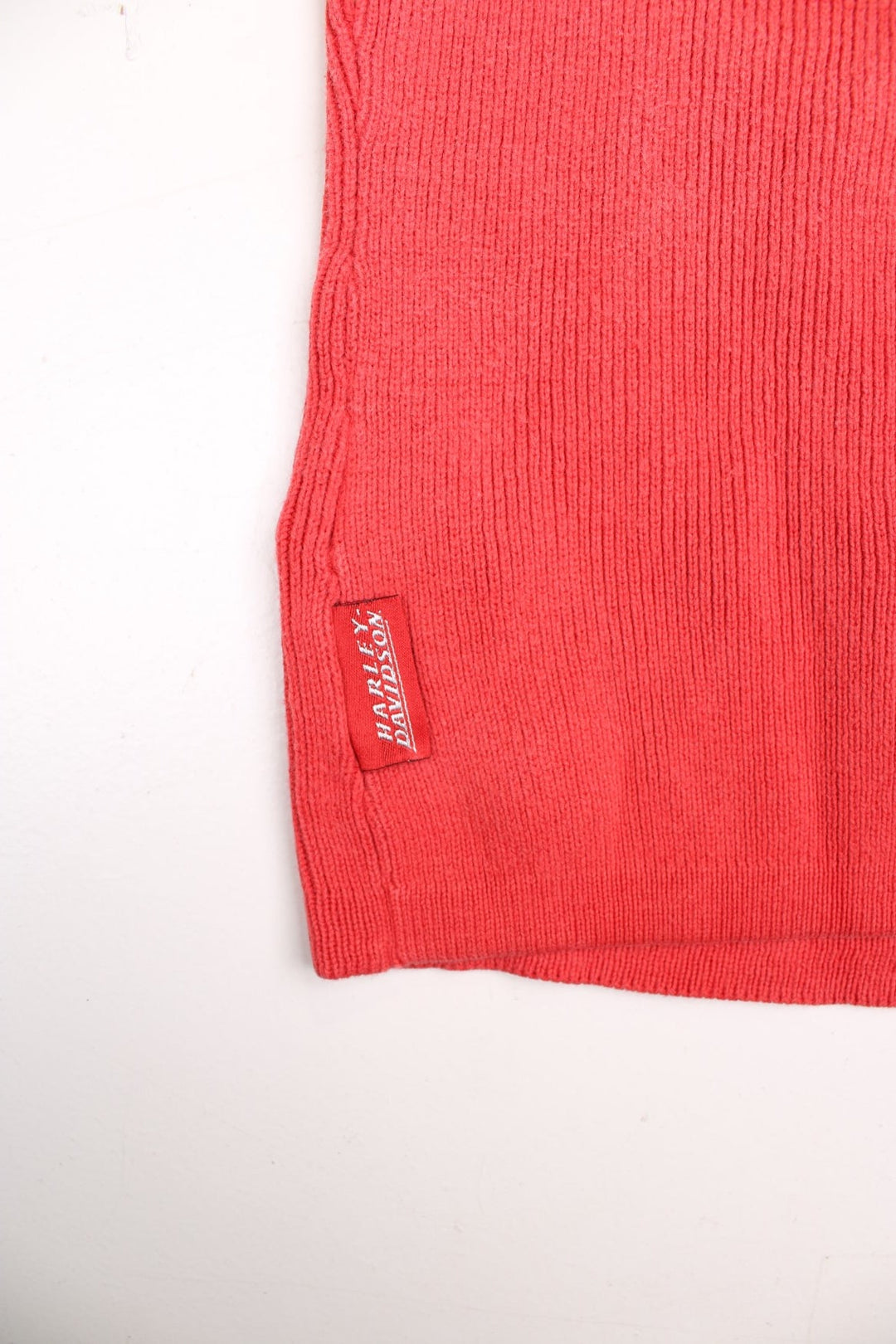 Harley-Davidson cotton crew knit jumper in a red colourway with a white stripe and embroidered logo in the centre. 