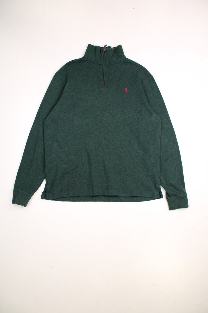 Ralph Lauren 1/4 zip jumper in a dark green colourway, with the traditional Ralph Lauren logo embroidered in burgundy on the front. +