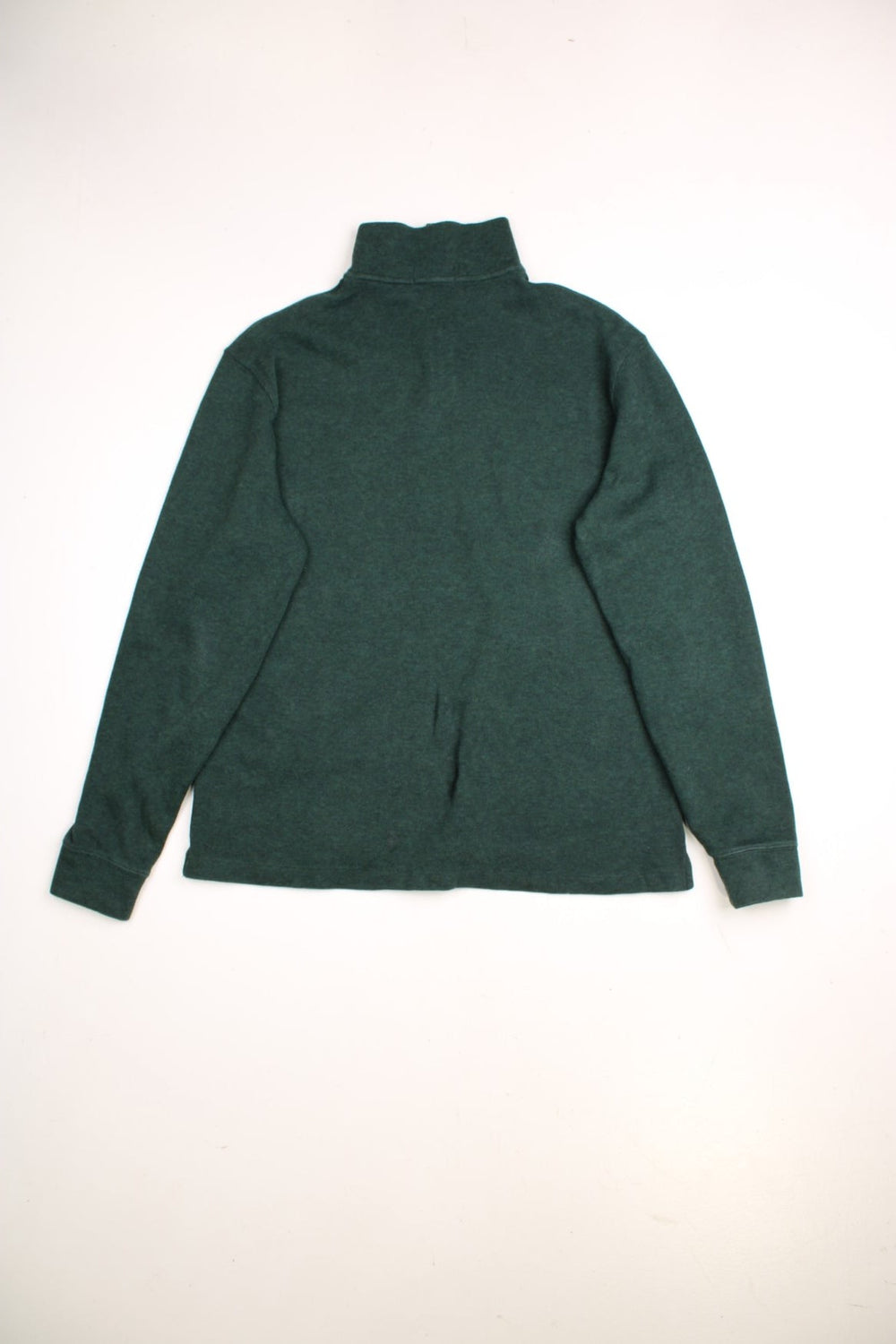 Ralph Lauren 1/4 zip jumper in a dark green colourway, with the traditional Ralph Lauren logo embroidered in burgundy on the front.