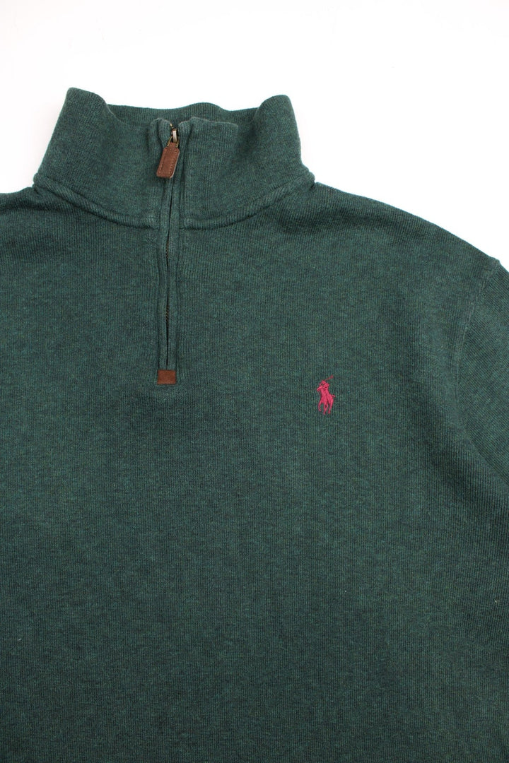 Ralph Lauren 1/4 zip jumper in a dark green colourway, with the traditional Ralph Lauren logo embroidered in burgundy on the front.