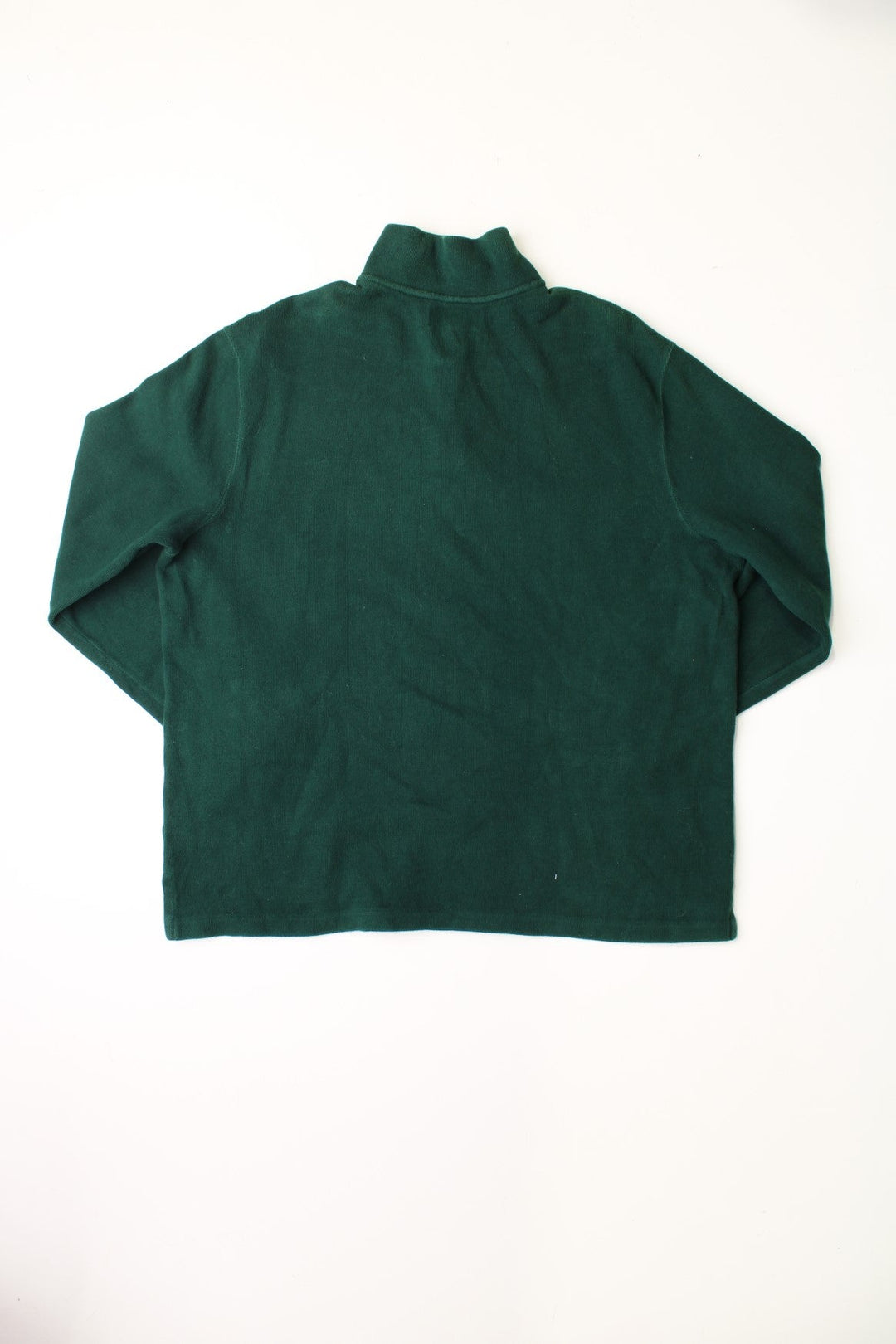 Polo Ralph Lauren forest green quarter zip jumper with leather zip pull detail and logo embroidered in red.