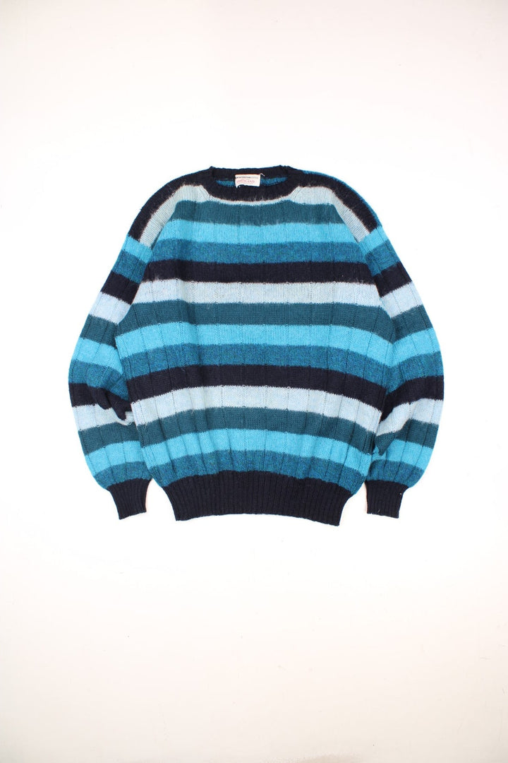 Vintage Shetland Scottish Wool Jumper in a blue and black striped colourway.