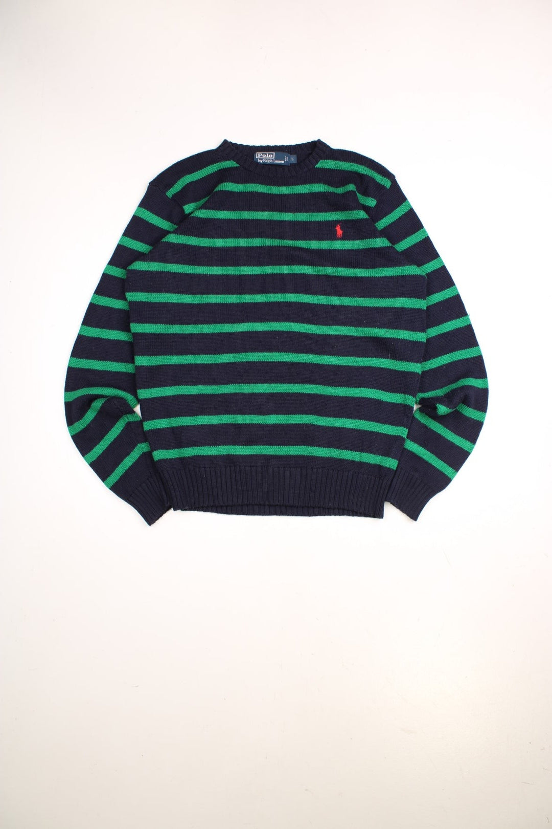 Ralph Lauren cotton jumper in a navy blue colourway with green stripes and the Ralph Lauren logo embroidered in red on the front.