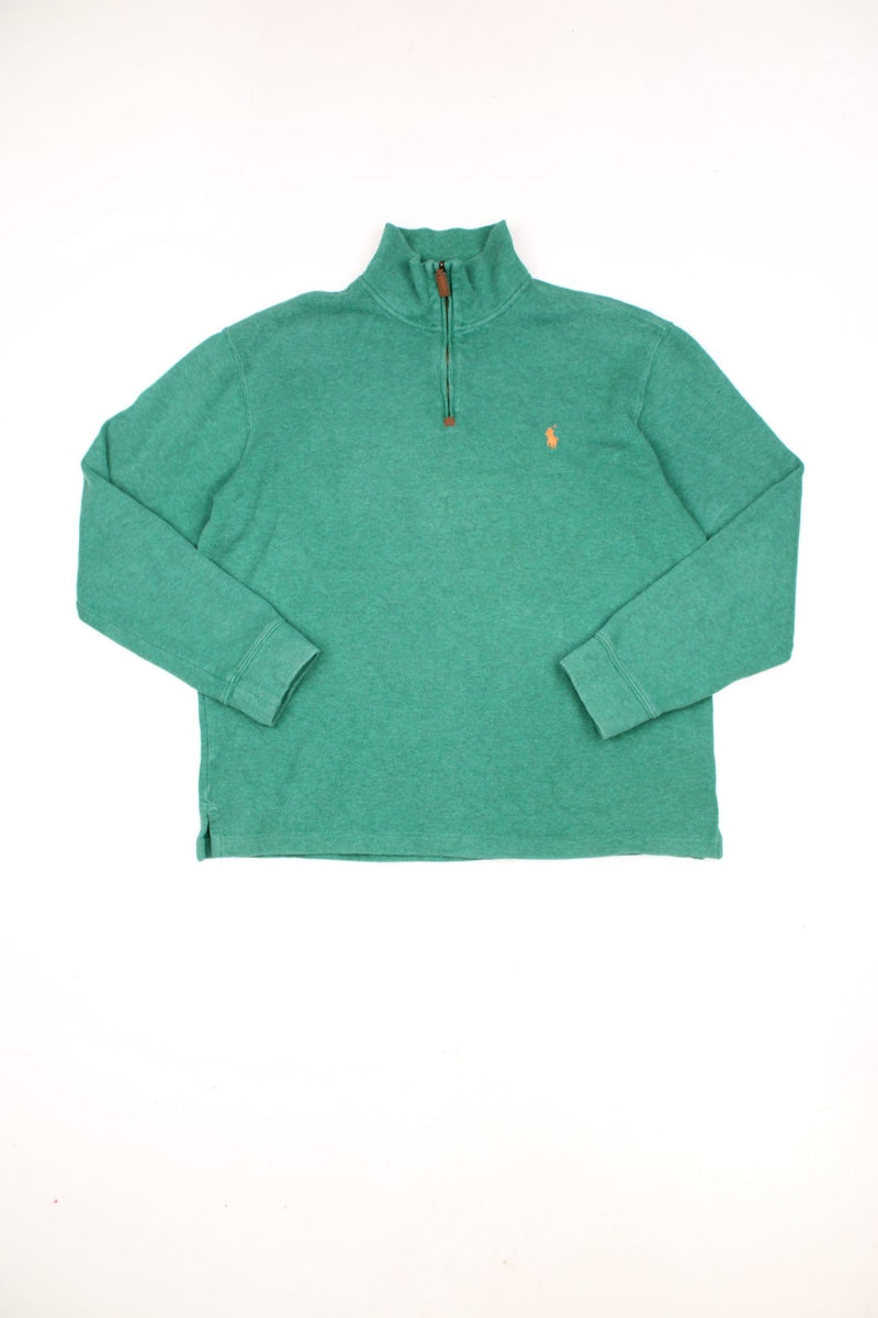 Ralph Lauren quarter zip sweatshirt in green with orange embroidered logo on the chest. 