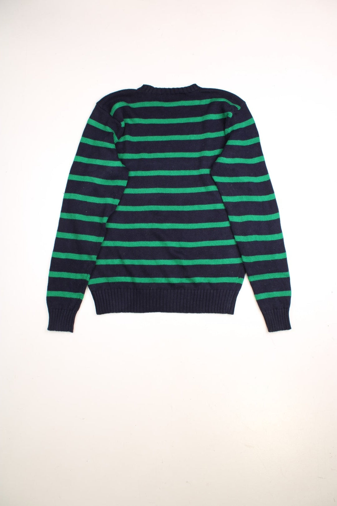 Ralph Lauren cotton jumper in a navy blue colourway with green stripes and the Ralph Lauren logo embroidered in red on the front.