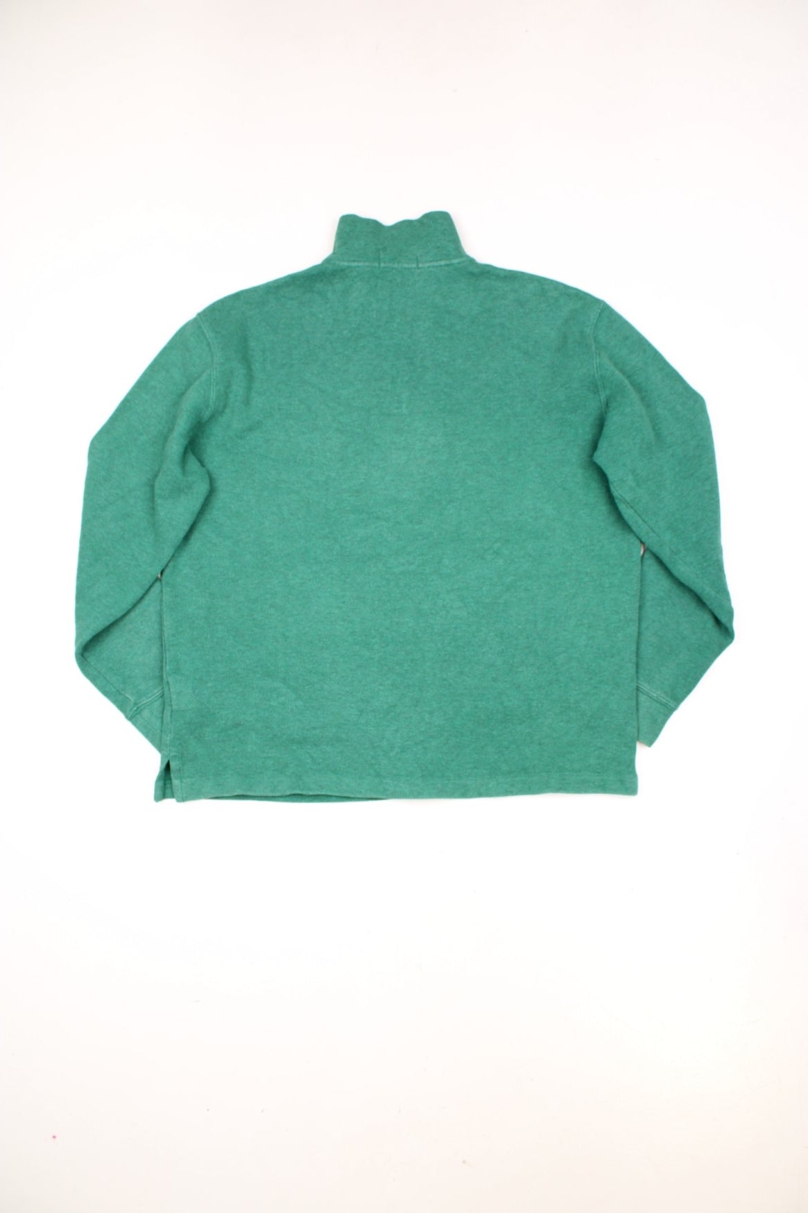 Ralph Lauren quarter zip sweatshirt in green with orange embroidered logo on the chest. 