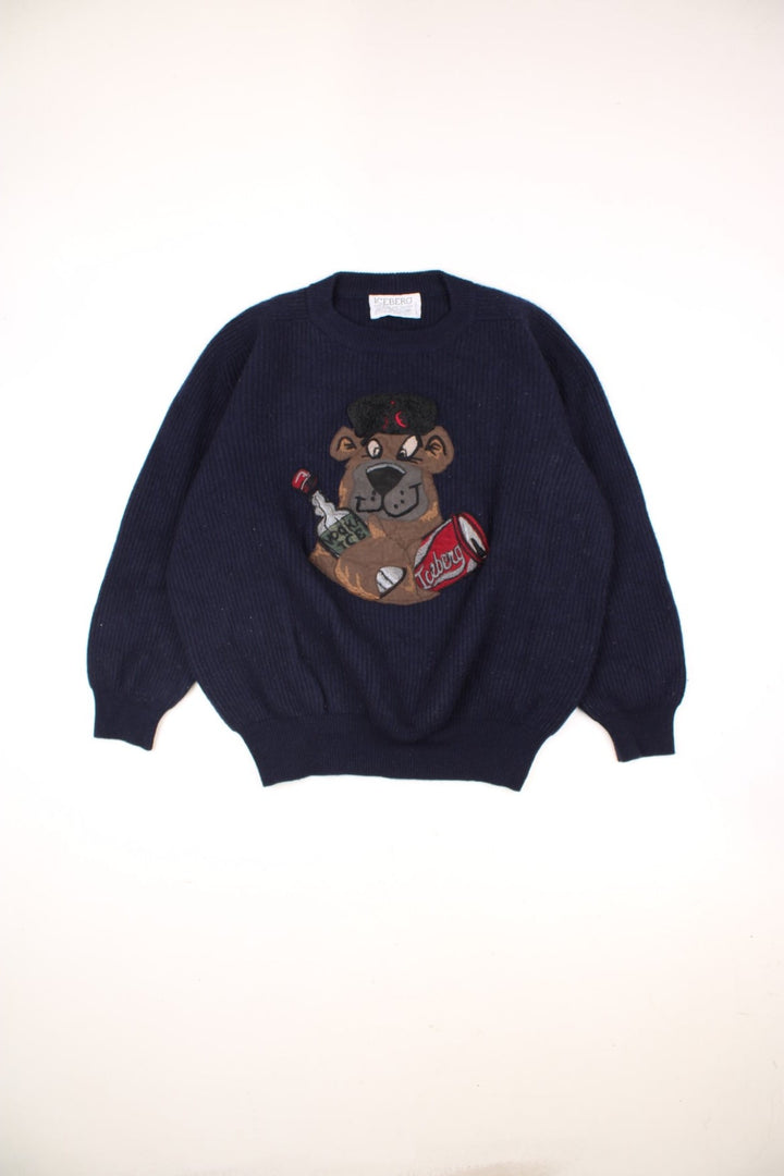 Vintage 90's Iceberg Drunk Bear Woolen Sweater in a blue colourway with drunk bear design embroidered on the front.