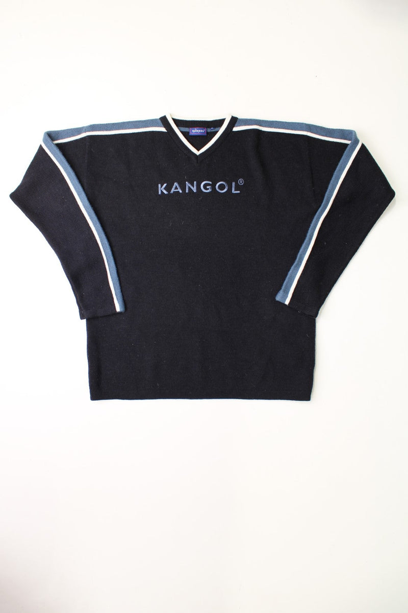 Kangol black knit v-neck jumper with blue and white stripe detail on the neck and shoulders.  