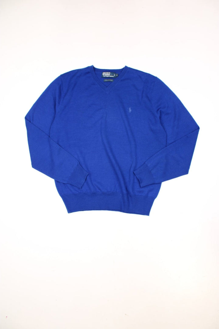 Vintage Ralph Lauren v-neck wool sweatshirt in blue with signature embroidered logo on the chest. 