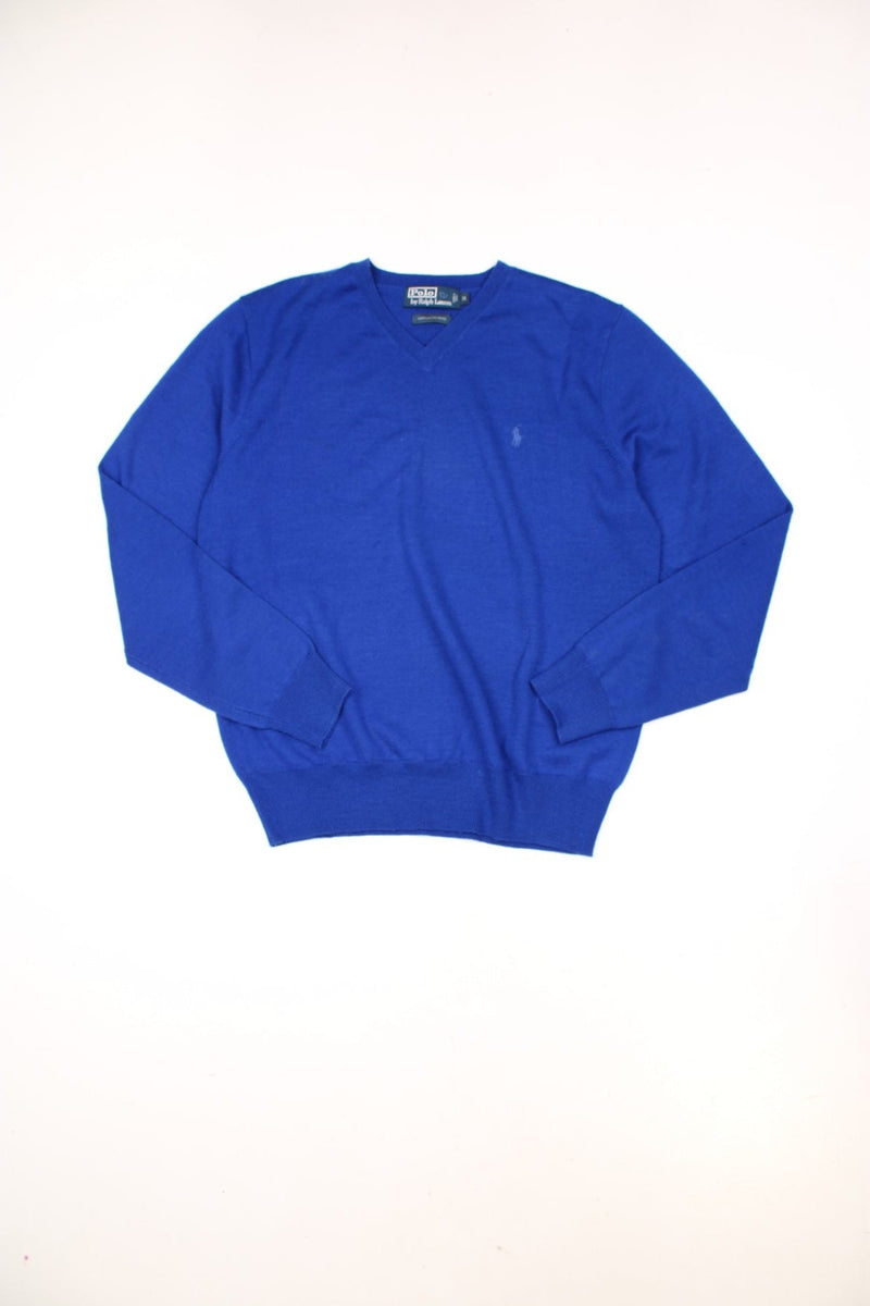 Vintage Ralph Lauren v-neck wool sweatshirt in blue with signature embroidered logo on the chest. 