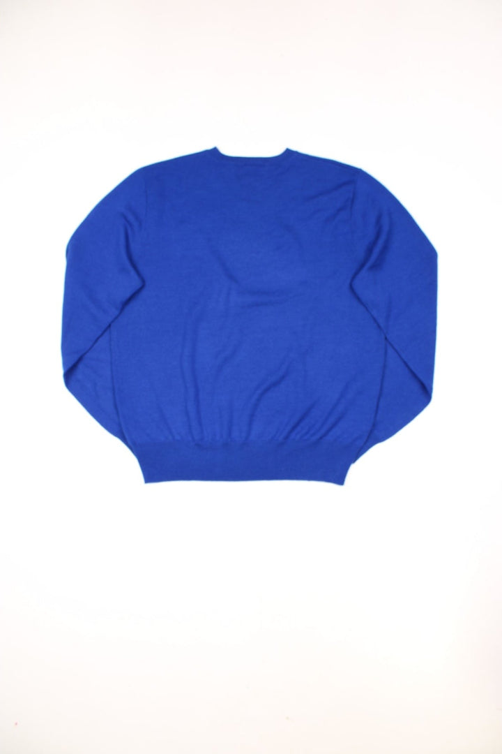 Vintage Ralph Lauren v-neck wool sweatshirt in blue with signature embroidered logo on the chest. 