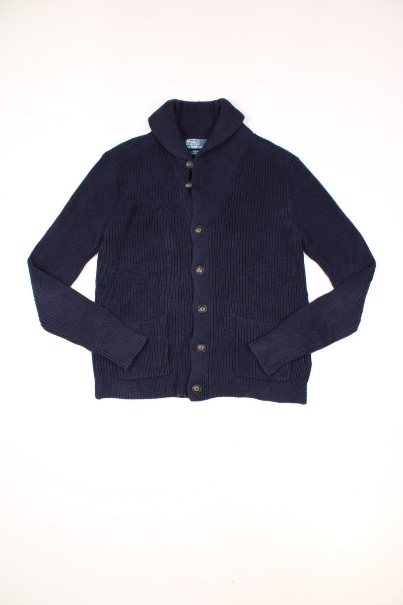 Ralph Lauren navy blue button through shawl collar cardigan with pockets. 