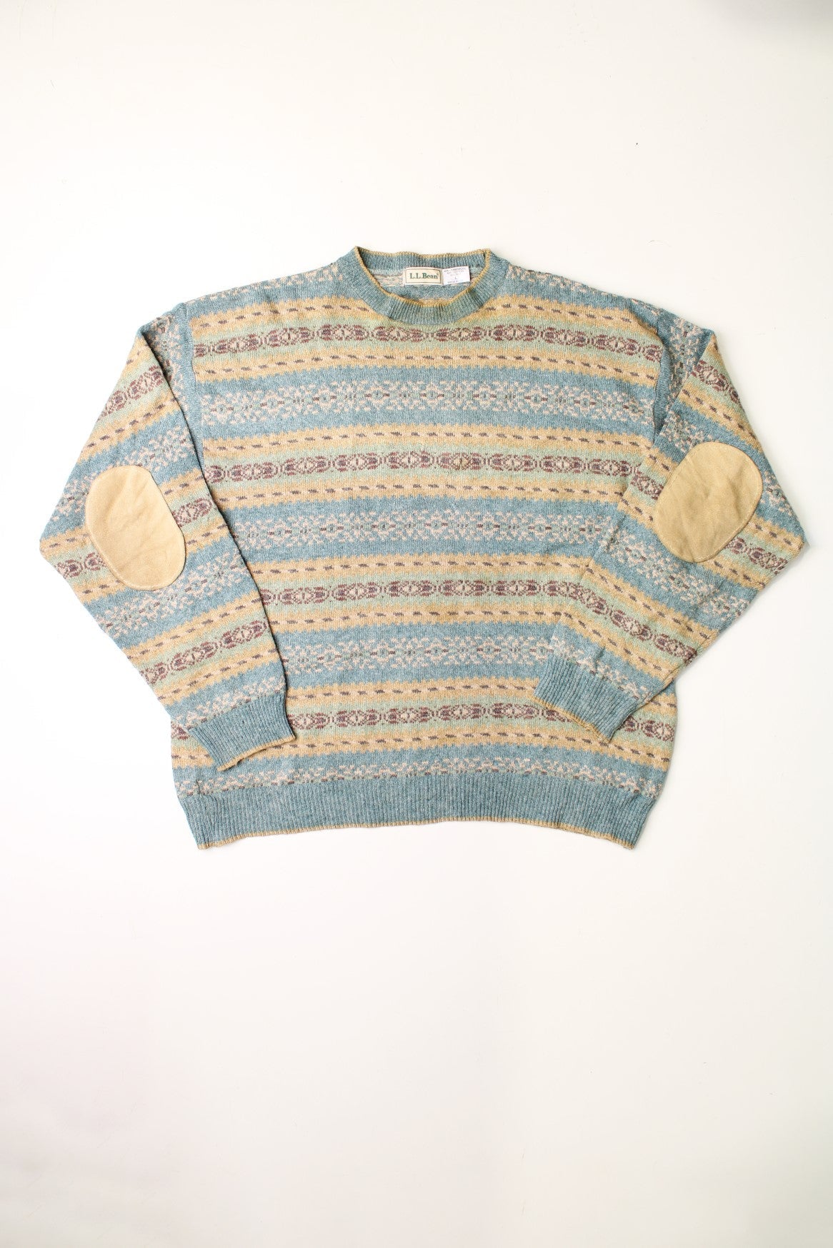 L.L. Bean patterned knit jumper with suede elbow patches.