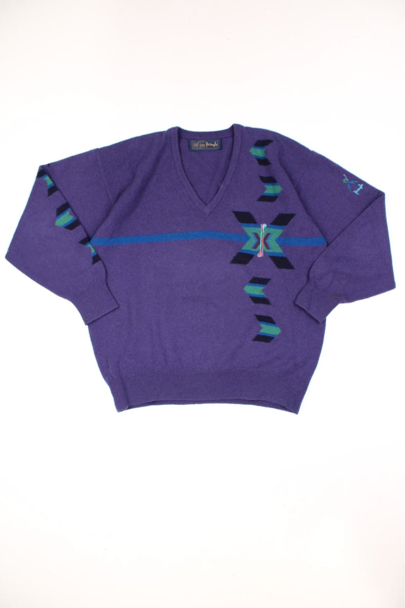 Vintage Nick Faldo Pringle Wool golf jumper in purple with green, black and blue pattern.  