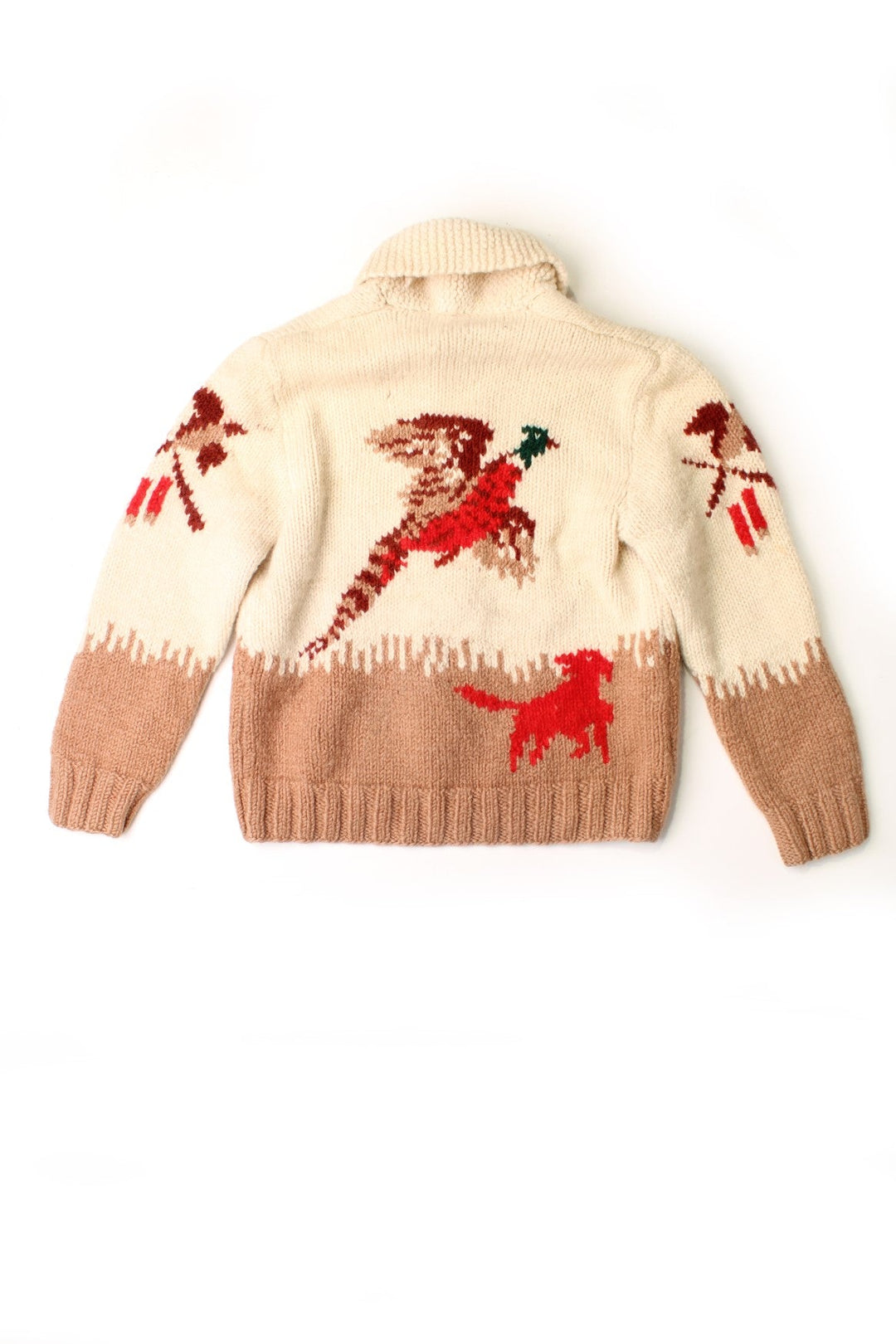 Vintage unbranded cream and brown Cowichan cardigan with zip closure, a rounded collar and red designs of dogs, geese and hunters.