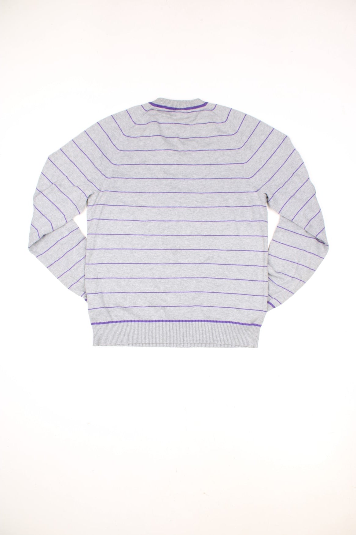 Vintage Nike grey and purple striped v neck sweatshirt with embroidered logo on the chest.