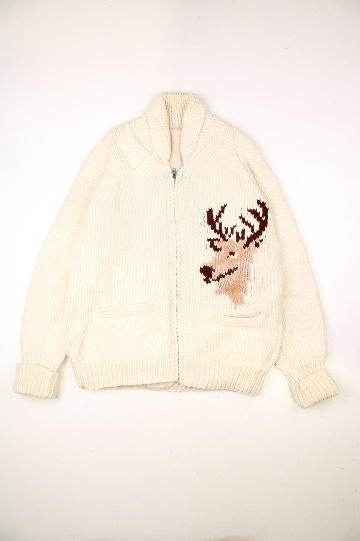 Vintage 70's Cowichan Deer Sweater in a white colourway, zips up and has two pockets, and the deer graphic embroidered on the front and back.