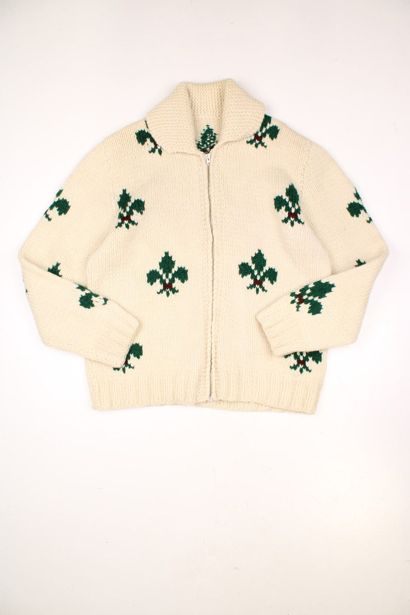 Vintage 50s/60s hand made, chunky knit zip through cardigan in beige with green repeat pattern.