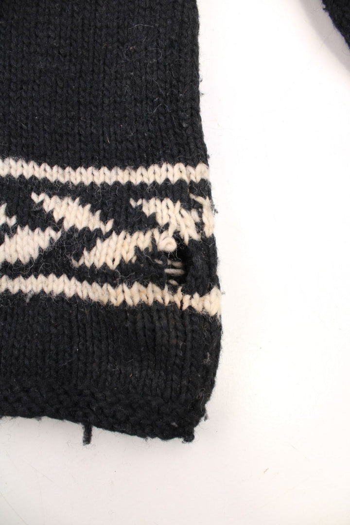 Vintage Yarina Wool Skiing Knitted Jumper in a grey and black colourway with skiing slopes graphic on the front and back. 