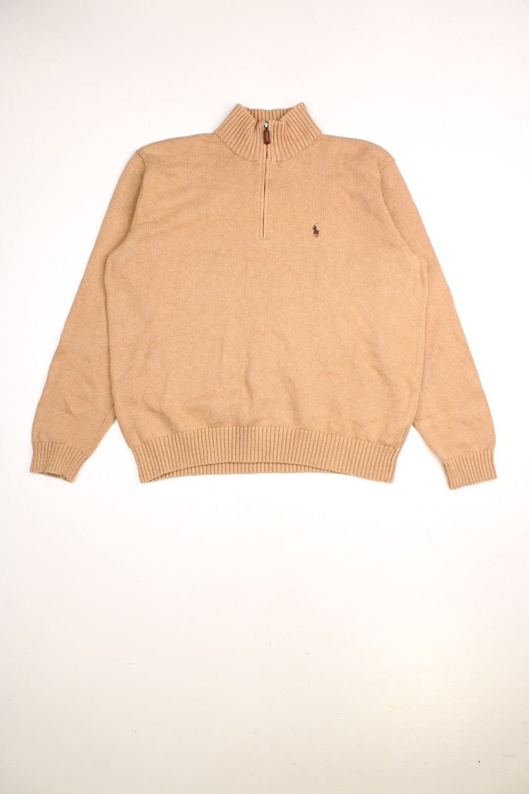 Ralph Lauren 1/4 zip jumper in a brown colourway with the Ralph Lauren logo embroidered in dark brown on the front.