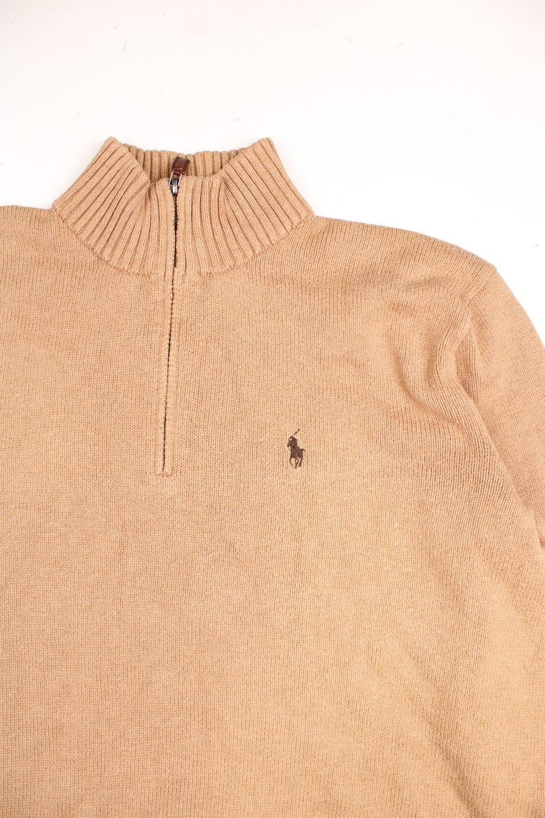 Ralph Lauren 1/4 zip jumper in a brown colourway with the Ralph Lauren logo embroidered in dark brown on the front.