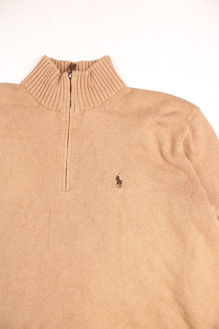 Ralph Lauren 1/4 zip jumper in a brown colourway with the Ralph Lauren logo embroidered in dark brown on the front.