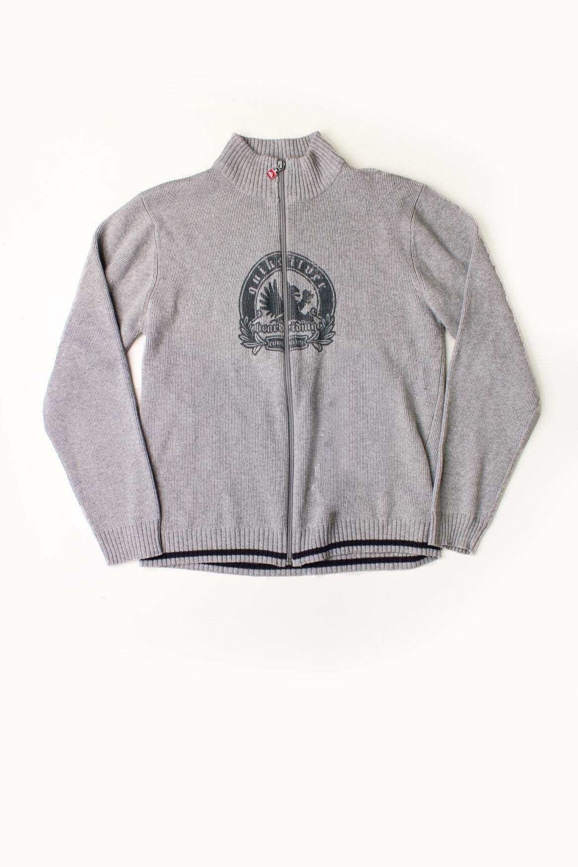 Quiksilver grey knit zip-up cardigan with a collar, a circular griffin &