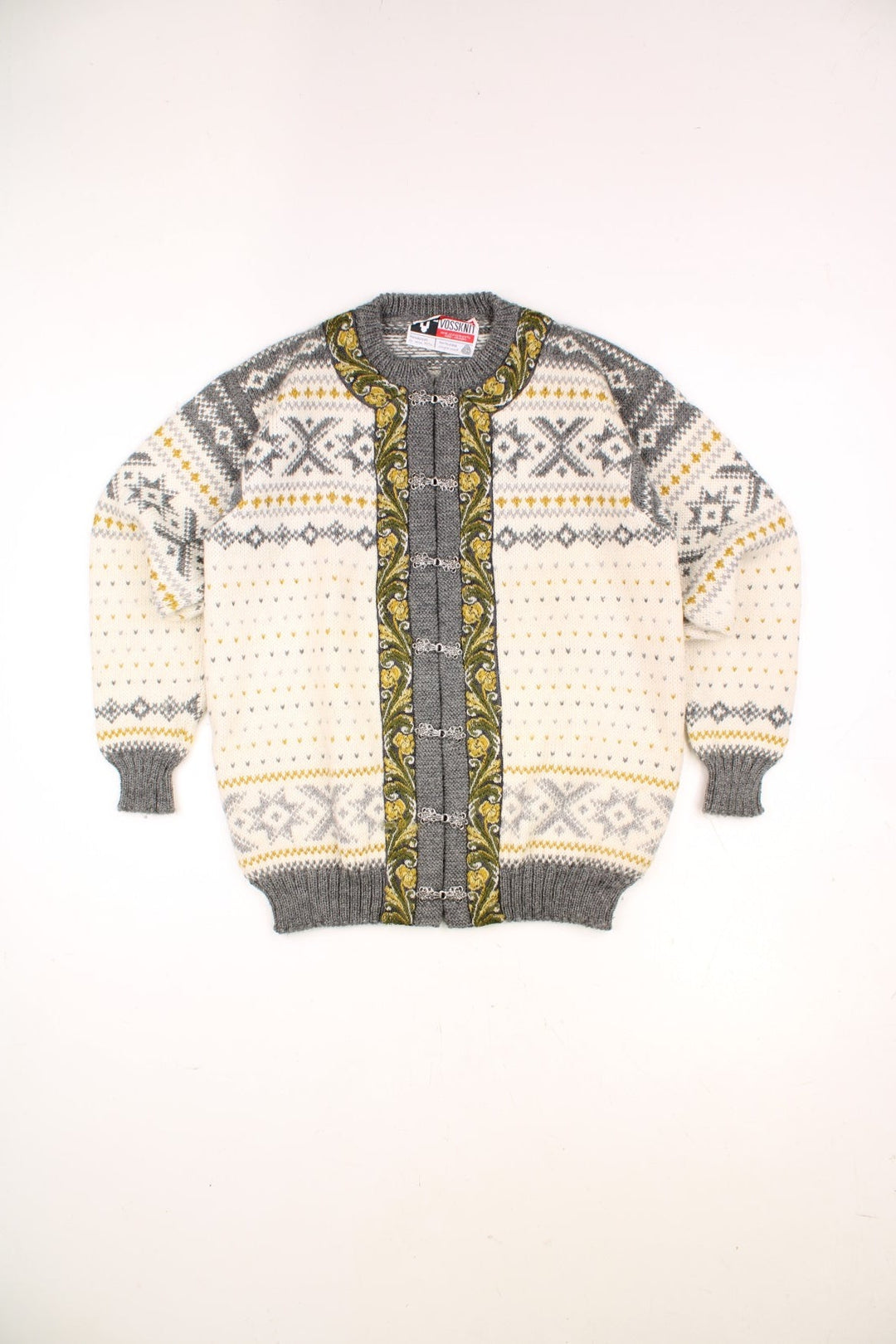 Vintage Voss Knit Wool Nordic Cardigan in a cream colourway with grey, yellow and green patterns all over. 