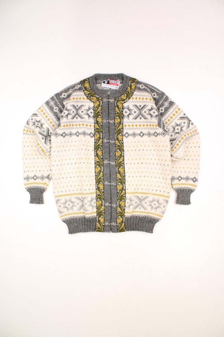 Vintage Voss Knit Wool Nordic Cardigan in a cream colourway with grey, yellow and green patterns all over. 