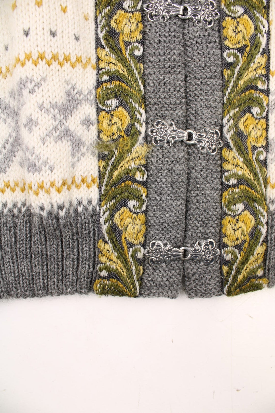 Vintage Voss Knit Wool Nordic Cardigan in a cream colourway with grey, yellow and green patterns all over. 