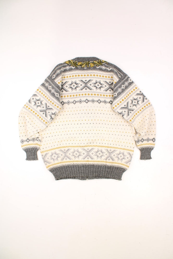 Vintage Voss Knit Wool Nordic Cardigan in a cream colourway with grey, yellow and green patterns all over. 