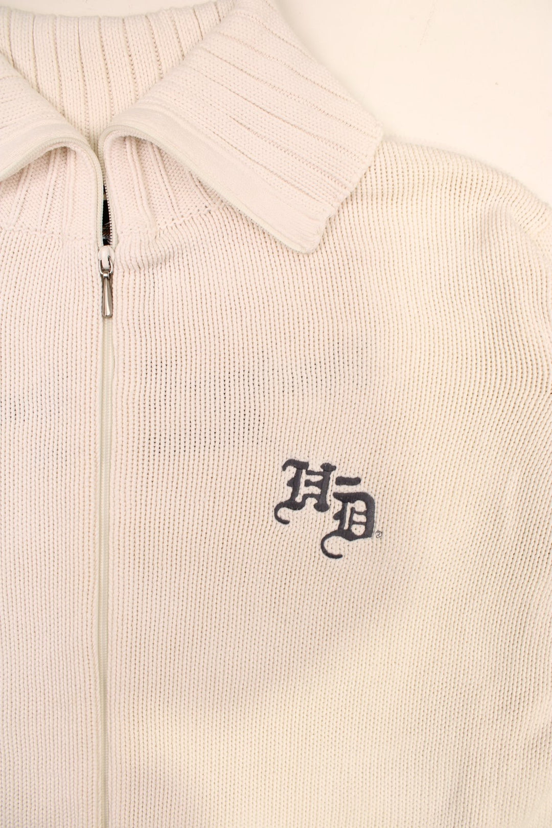 Harley-Davidson zip-through cardigan in white with embroidered logos on the front and back.